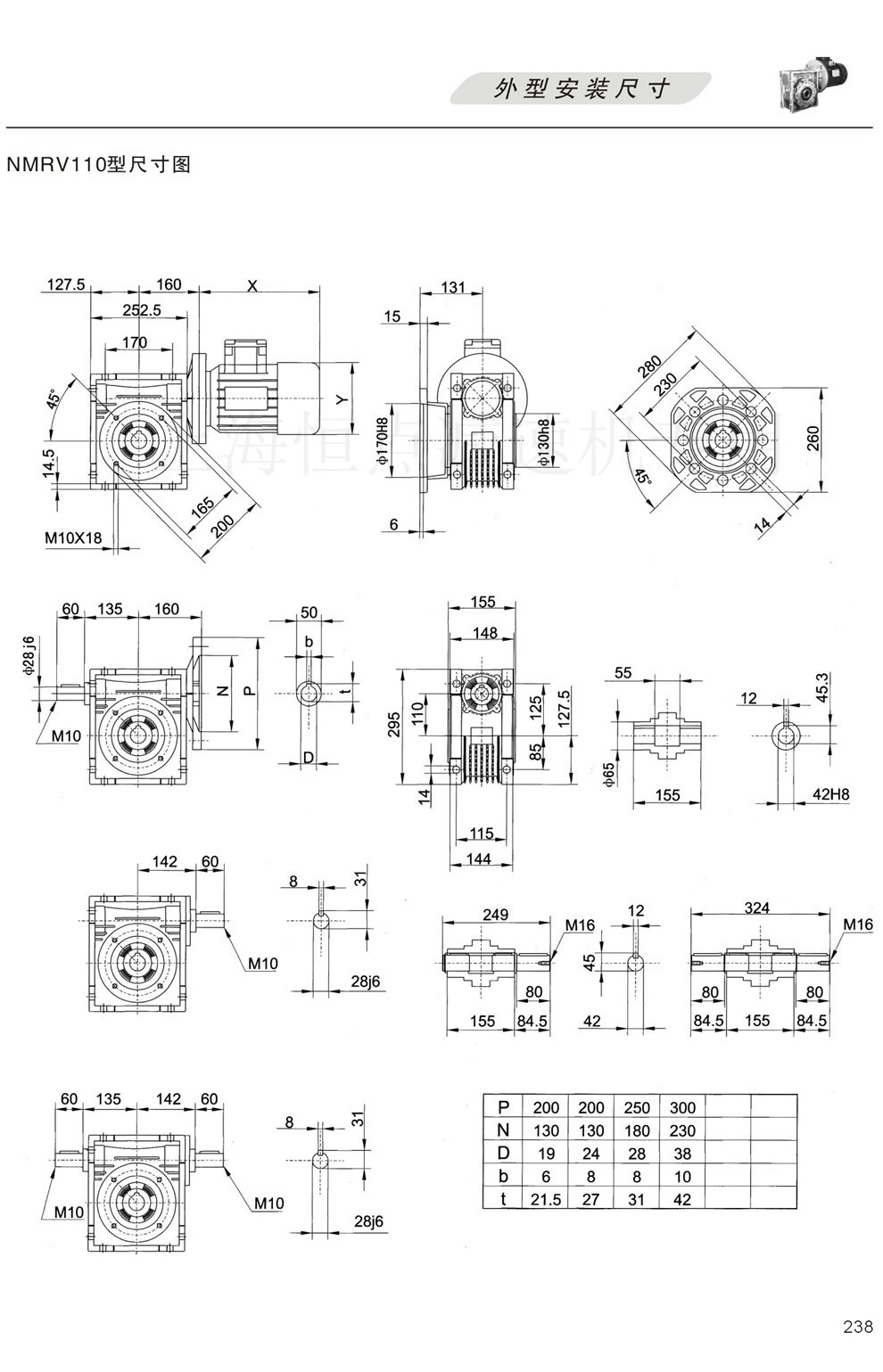 NMRV110,NRV110,RV110型蝸輪蝸桿減速機外形尺寸圖